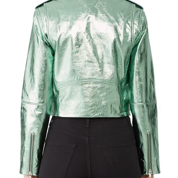 Veda Metallic Mint Green Cropped Leather Biker Jacket | New Without Tags - Picture 3 of 9